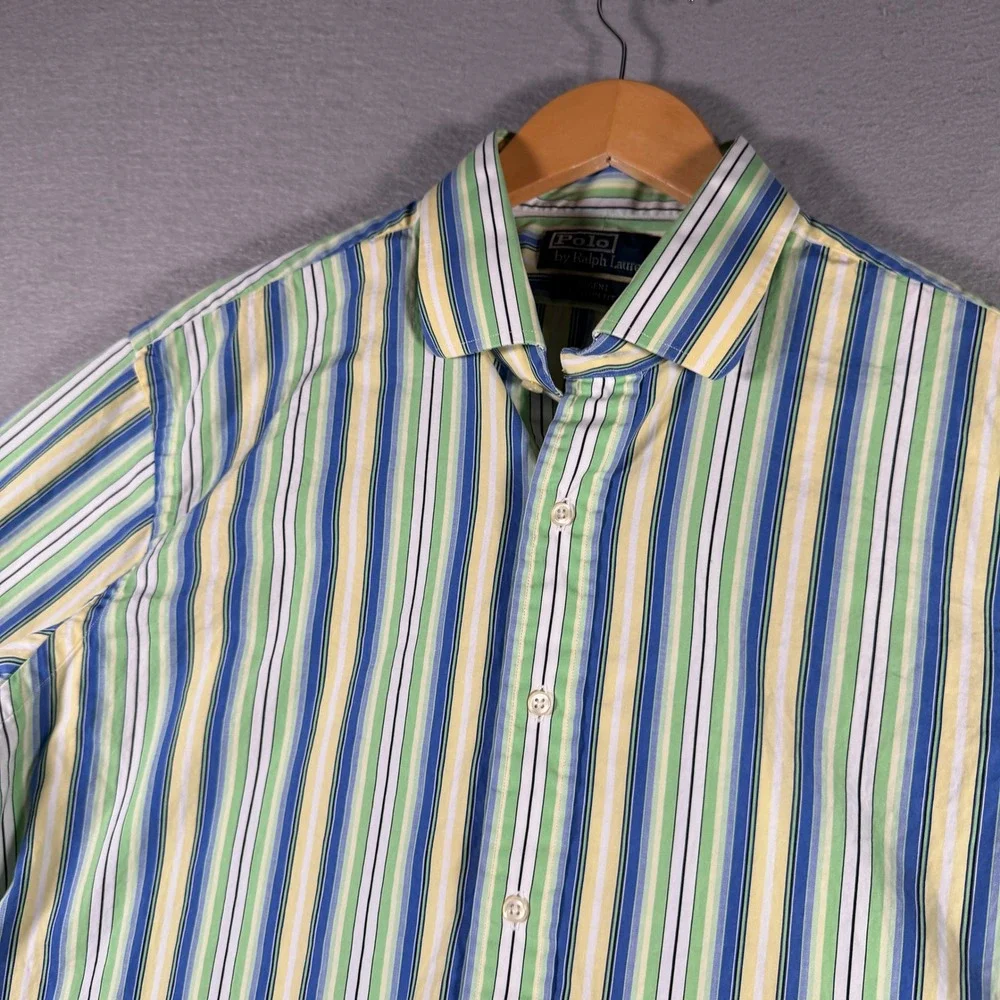 Polo Ralph Lauren Regent Custom Fit Striped Shirt Mens XL Green Blue Yellow